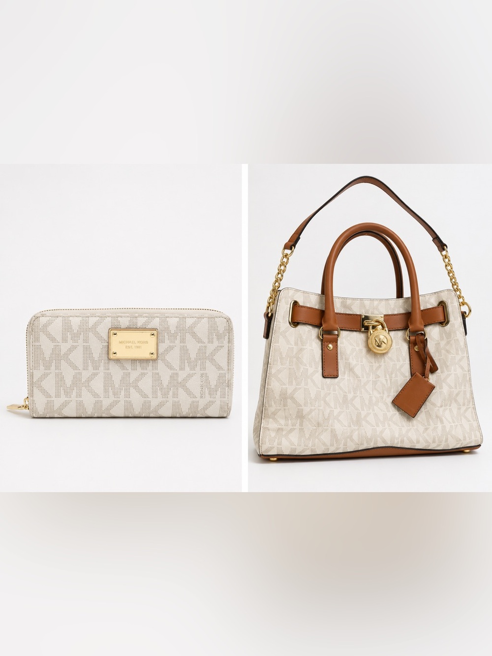 Michael Kors Cream Satchel with Tan Leather Trim and Gold Hardware